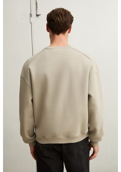 Grimelange Coyotes Erkek Bisiklet Yaka Kangru Cepli Organik Pamuk Regular Fit Açık Haki Sweatshirt Açık Haki