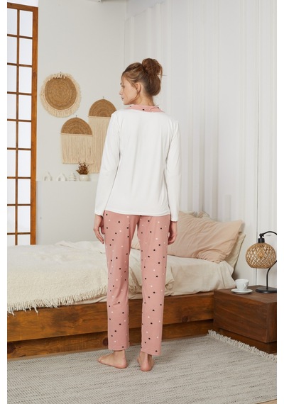 Siyah İnci Gömlek Yaka Düğmeli Milan Örme Pijama Takım25224001 Ekru