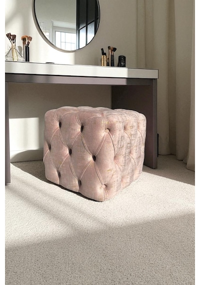 Küp Puf - Best İthal Kadife Babyface Kumaş Varak Baskı - Modern Ve Şık Dekoratif Puf&bench Pembe - Pudra