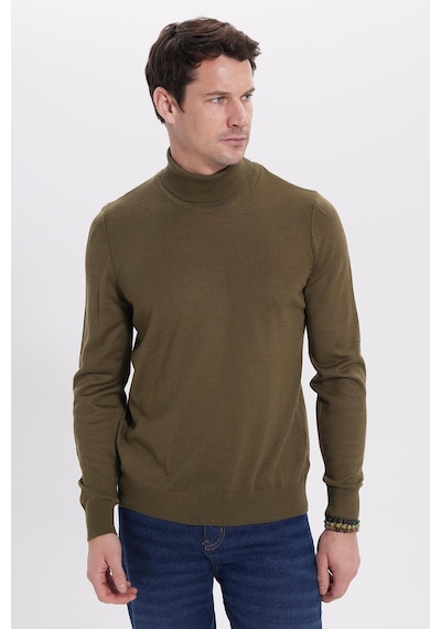 Tudors Erkek Slim Fit Tam Boğazlı Yaka Düz Yün Haki Triko Kazak-39414 Haki