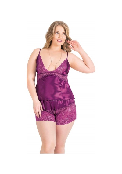 Büyük Beden Mor Saten Babydoll Şort Takımı