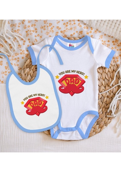 Bk Kids My Hero Dad Tasarımlı Mavi Bebek Body Zıbın Ve Mama Önlüğ Çok Renkli