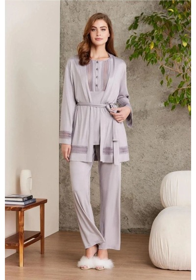 Pierre Cardin 2800 Kadın Royal Dantelli Penye 3'lü Sabahlıklı Pijama Takım 001