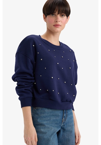 Defacto Boxy Fit Bisiklet Yaka İşlemeli Kalın Sweatshirt G2153ax25wnnv28 Lacivert