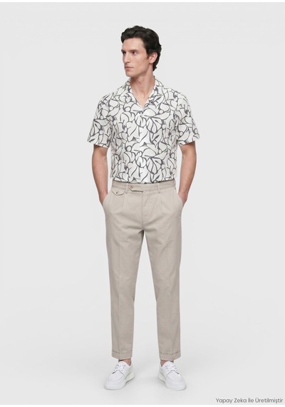 Ramsey Ekru Regular Fit Kısa Dokuma Casual %100 Pamuk Gömlek Ekru, Koyu Gri