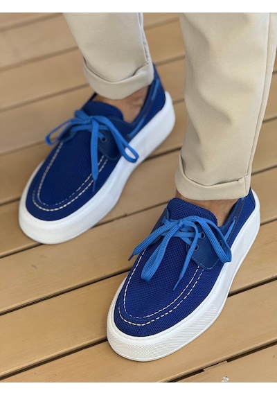 Roof Atelier Erkek Mavi Triko Kalın Taban Loafer Ayakkabı - 2602 - Triko Mavi