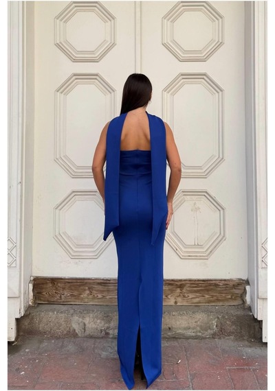 DefyModa Kadın Scuba Esnek Kumaş Straplez Balık Kesim Abiye Elbise Saks