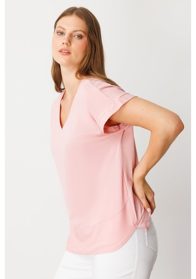 On Kadın Büyük Beden V Yaka Parçalı T-shirt 71476 Pudra