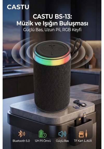 BS-13 RGB LED Işıklı Taşınabilir Bluetooth Hoparlör Yüksek Sesli Kablosuz Speaker AUX USB SD Kart Destekli Şarjlı