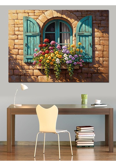Ahşap Tablo Çiçekli Pencere Ve Mavi Panjur