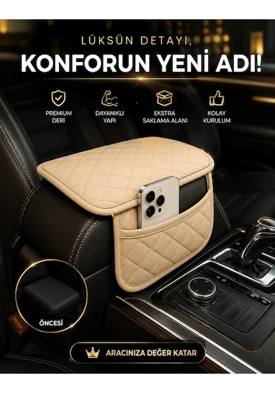 Bej Deri Araç İçi Organizer Kolçak Oto Düzenleyici Kol Dayama Saklama Kutusu Telefonluk Çok Amaçlı Organizer Oto Kolçak Organizer Kol Dayama Organizeri