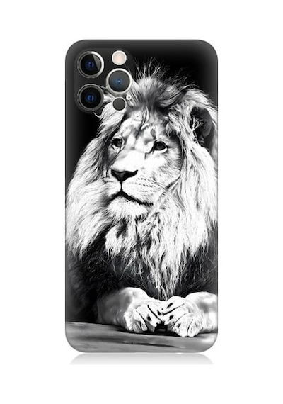 Apple Uyumlu iPhone 12 Pro Siyah Beyaz Aslan Desenli Silikon Kılıf