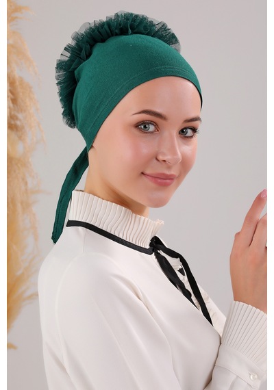 Melodi Scarf Kadın Tesettür Önü Dikişsiz Fırfırlı Penye Bone Zümrüt Yeşili