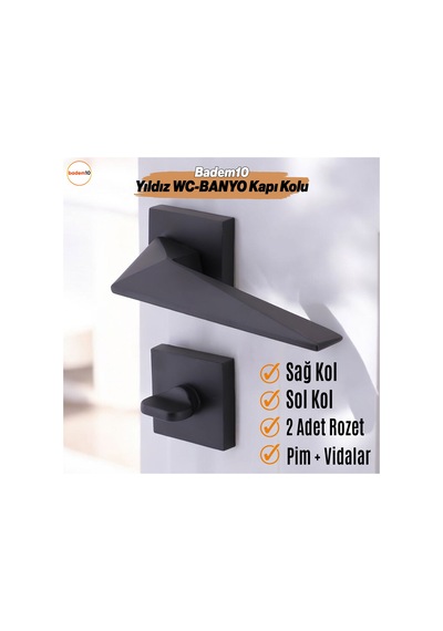 Yıldız Wc - Banyo Siyah Kapı Kolu Kare Rozetli Ev Kapı Kolları Kilitlenebilir Sağ Sola Uygun 1 Takım