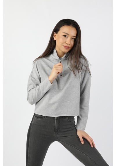Kadın Yarım Balıkçı Yarasa Kol Sweatshirt Gri