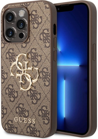 Apple Uyumlu iPhone 14 Pro Kılıf Guess Pu Deri Büyük Metal Logo Dizaynlı Kapak Gri