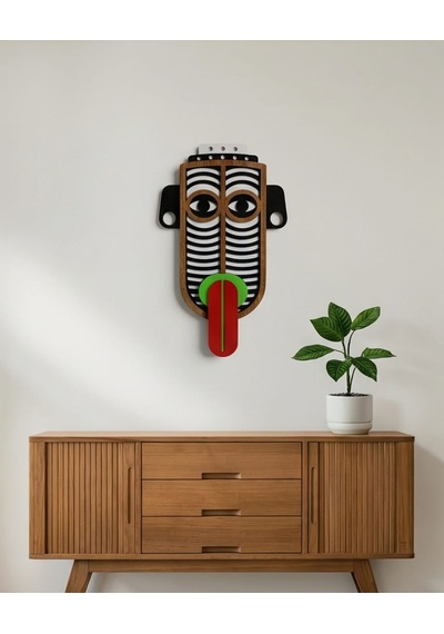 Modern Picasso Tarzı Ahşap Duvar Maske Mdf - Siyah Turuncu - Kırmızı Geometrik Tribal Mask 1