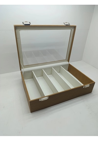 Cam Kapaklı Deri Kumaş Kahve-beyaz Renk 34 Cm / 24 Cm 5 Bölmeli Gözlük Sergileme Standı