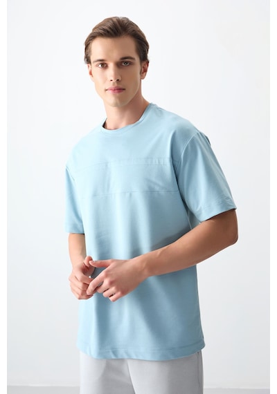 Air Jones Tommy Life Açık Mavi Pamuklu Kalın Yumuşak Dokulu Oversize Fit Basic Erkek T-shirt - 88378 Açik Mavi