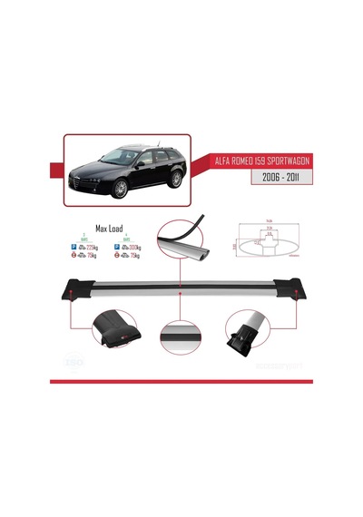 Eo 159 Sportwagon 2006-2011 Arası İle Uyumlu Fly Model Ara Atkı Tavan Barı Gri 3 Adet Bar