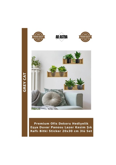 Premium Ofis Dekoru Hediyelik Eşya Duvar Panosu Lazer Kesim Şık Raflı Bitki Sticker 20x30 Cm 3lü Set Çok Renkli