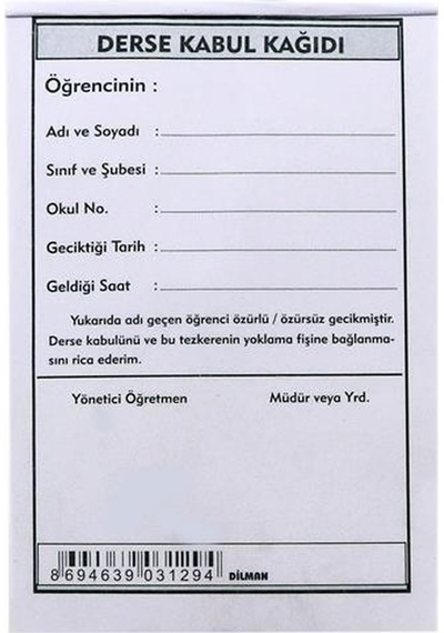Dilman Derse Kabul Kağıdı 100'Lü N11.1899