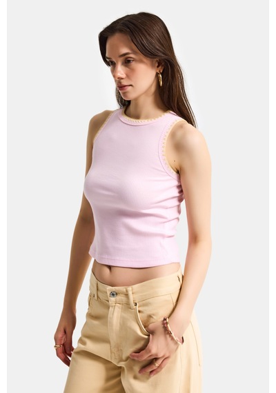 Kadın Pembe S6-98 Crop Fit Süper Elastan Sarı İşlemeli Body