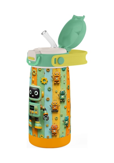 Puccon 420 Ml Erkek Çocuk Yeşil Robot Baskılı Okul Matarası/termosu - 60016 - Sevimli Robotlar