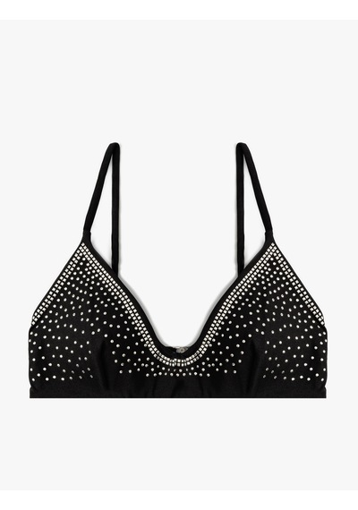 Koton Parlak Taşlı Bikini Üstü V Yaka Arkası Kopçalı İnce Askılı Siyah 4sak10052mm