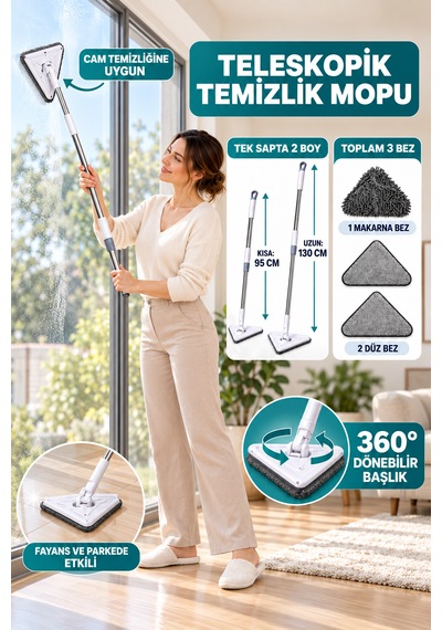 Üçgen Mop Cam Duvar Tavan Fayans Parke Temizleyici Set Kısayıp Uzayabilen Tek Sapta 2 Boy 3 Bezli Dip Köşe Duvar Temizleme Mopu Üçgen Paspas
