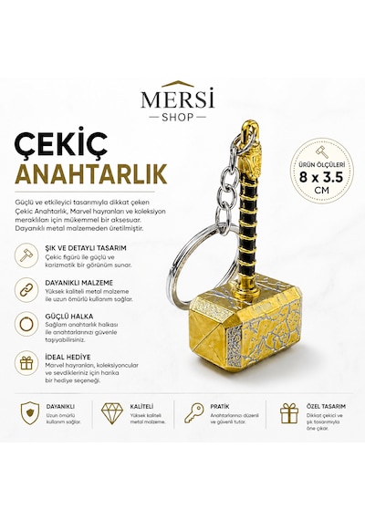 Metal Çekiç Anahtarlık Şık Tasarım Dayanıklı Anahtar Süsü 8x3.5 Cm Altın