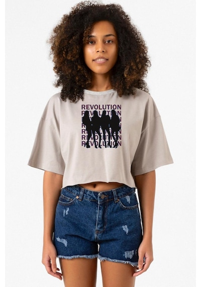 Blackpink Revolution Taş Rengi Kadın Crop Kapşonlu Taş Rengi
