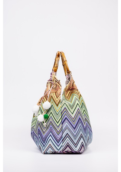Fabric Craft Bag El Çantası Bambu Saplı Zigzag Desenli Duck Kumaş Çok Renkli