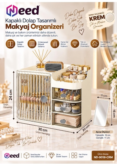Need Kapaklı Dolap Tasarımlı 3 Çekmeceli Makyaj Organizeri Ve Takı Düzenleyici Krem Nd-9018-crm