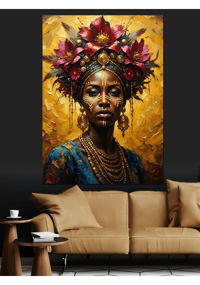 Ahşap Tablo Çiçek Taçlı Afrikalı Kadın