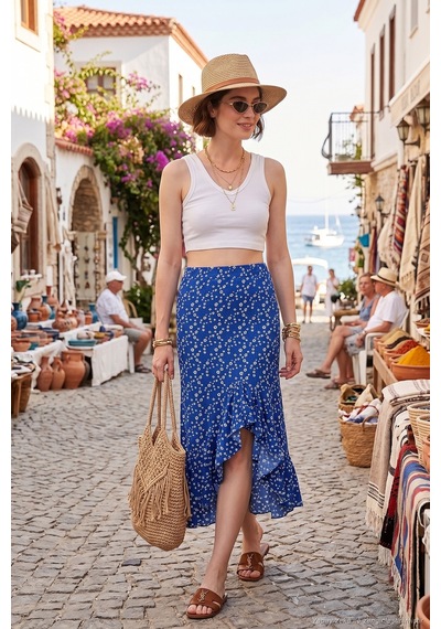 Lela Çiçek Desenli Regular Fit Volanlı Yüksek Bel Midi Boy Yırtmaçlı Bayan Etek 5869012 Saks
