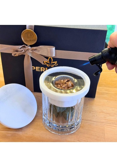 Perlotus Mermer Viski Tütsüleme Aparatı Premium Hediye Kutulu Çakmak, Soğutma Taşları Talaş Seti Gri