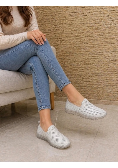 Beren Hakiki Deri Beyaz Kadın Ayakkabı Delikli Ortopedik Taban Slip-on Casual Günlük Yürüyüş Ayakkabısı