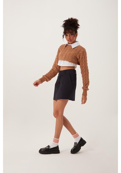 Quhox Kadın Triko Crop Sweatshirt Taba