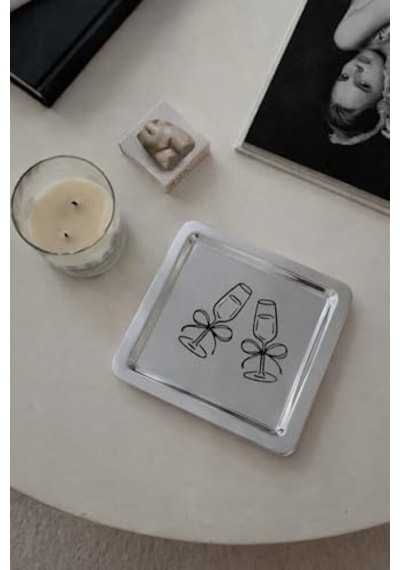 Beige &kadeh Desenli Kare Paslanmaz Çelik Çelik Çay Söz Nişan Sunum Ve Dekoratif Tepsi Diğer