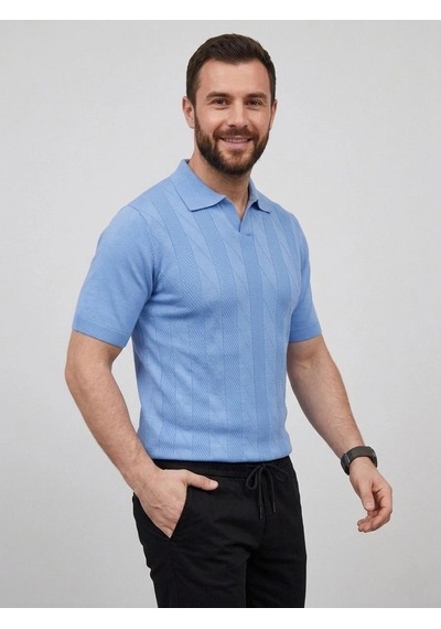 Erkek Yazlık Triko Dokuma Tişört Kısa Kol Polo Yaka T-shirt - Bebek Mavisi