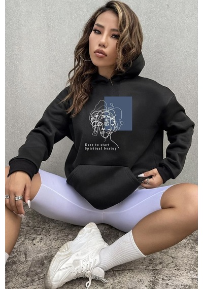 Uyguntarz Unisex Minimal Line Drawing Baskılı Sweatshirt siyah