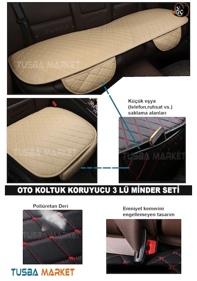 Araç Oto Koltuk Koruyucu Cepli Üçlü Minder Seti I Lüks Kapitone Deri Ön-arka Bej Oto Koltuk Minder