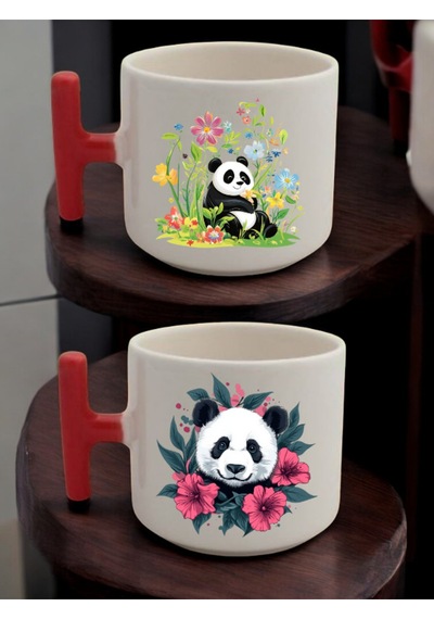 Çiçekli Panda Baskılı 2'li Latte Bardağı Seramik Kupa - Seramik Çay, Kahve Hediyelik Bardağı Beyaz