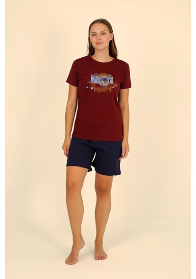 Akbeniz Kadın Şortlu Kısa Kol Penye Pijama Takım Bordo 3622