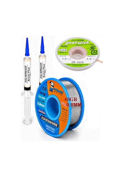 Lehimleme Seti 0,8 Mm 40 G Lehim Teli + 1,5 Mm 1,5 M Lehim Sökme Fitili Ve Krem Flux Seti Tk15