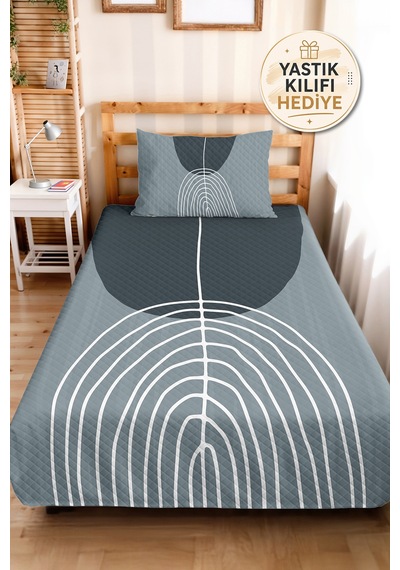 Mavi Geometrik Modern Genç Odası Tek Kişilik Pike Takımı - Antrasit 160x220 Cm Kapitone Yatak Örtüsü Keten Ufuk Harmonu
