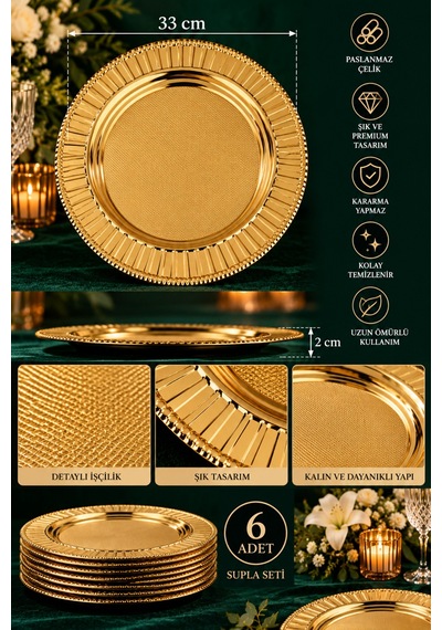 6'lı Gold Paslanmaz Çelik Supla Seti 33 Cm Amerikan Servis Ve Sunum Altlığı Altın - 941835872 Altın