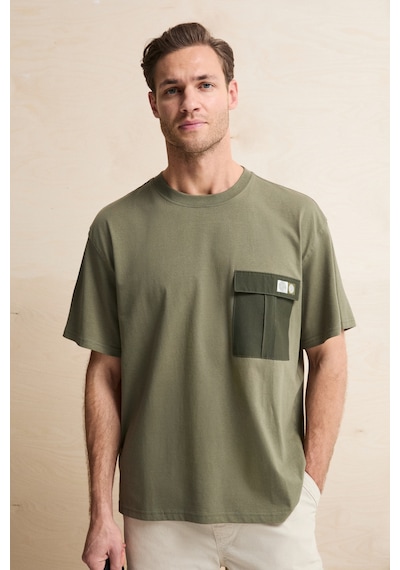 Grimelange Pocket Erkek %100 Organik Pamuklu Dokuma Cepli Etiket Detaylı Haki T-shirt