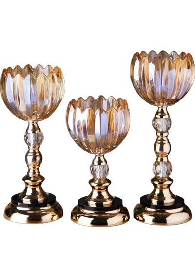 3 Lü Kristal Cam Şamdan, Vazo Gold Metal Ayak 4470